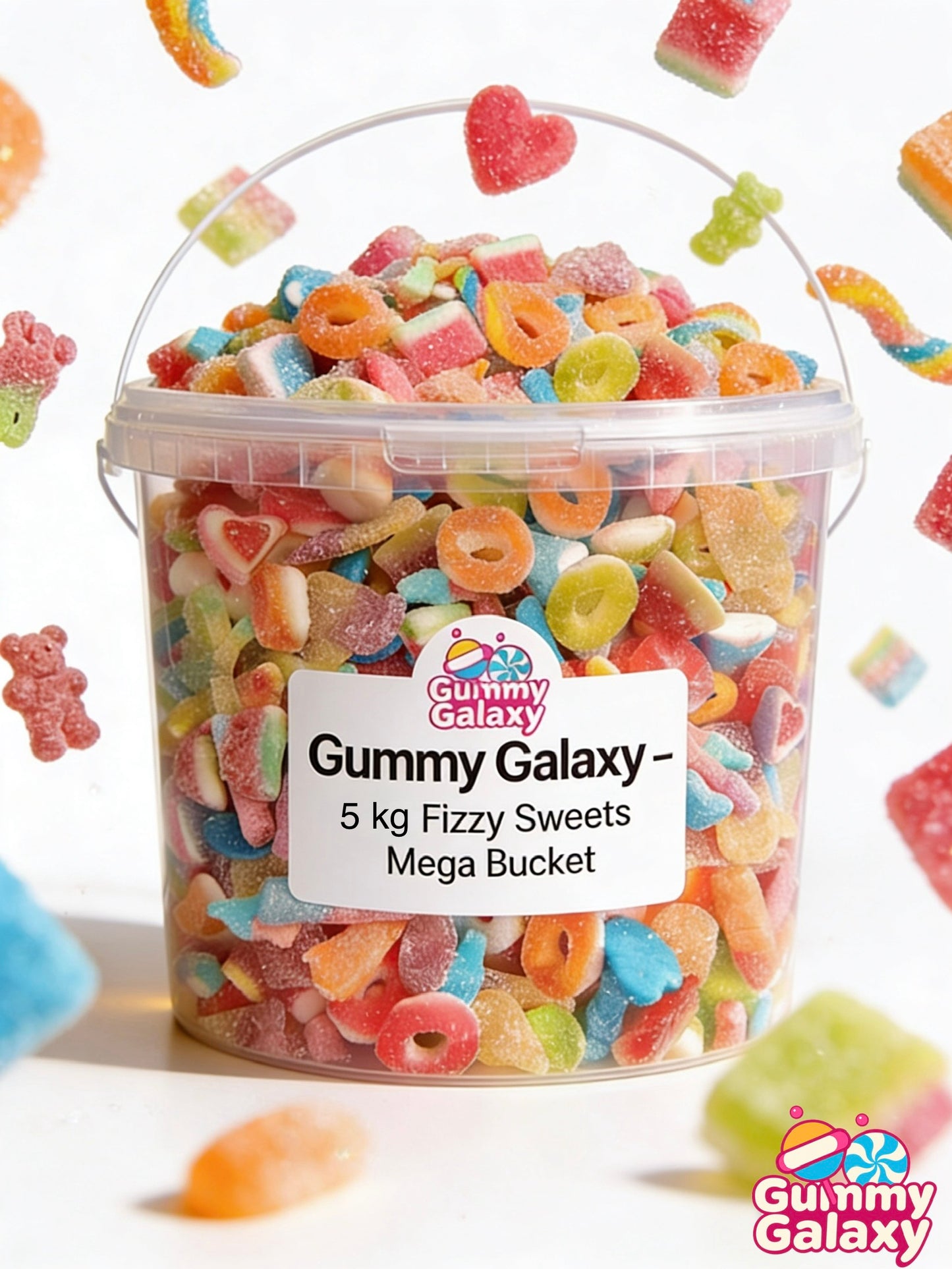 Gummy Galaxy 5 kg Mega Fizzy Sweets Bucket with colorful, assorted fizzy gummy candies in a large container.