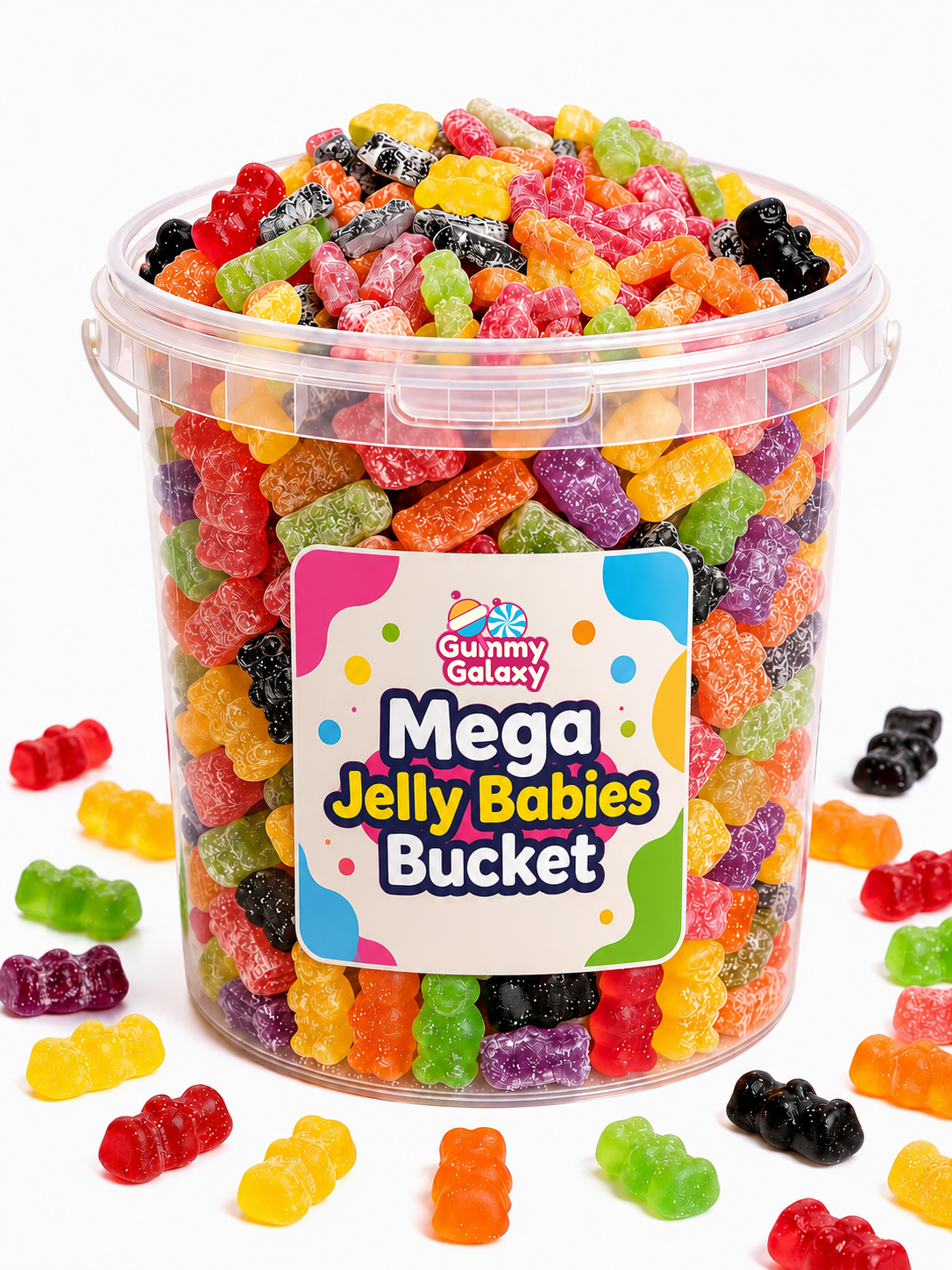 Colorful 5 kg Mega Jelly Babies bucket by Gummy Galaxy with assorted gummy candies spilling from the large plastic container.