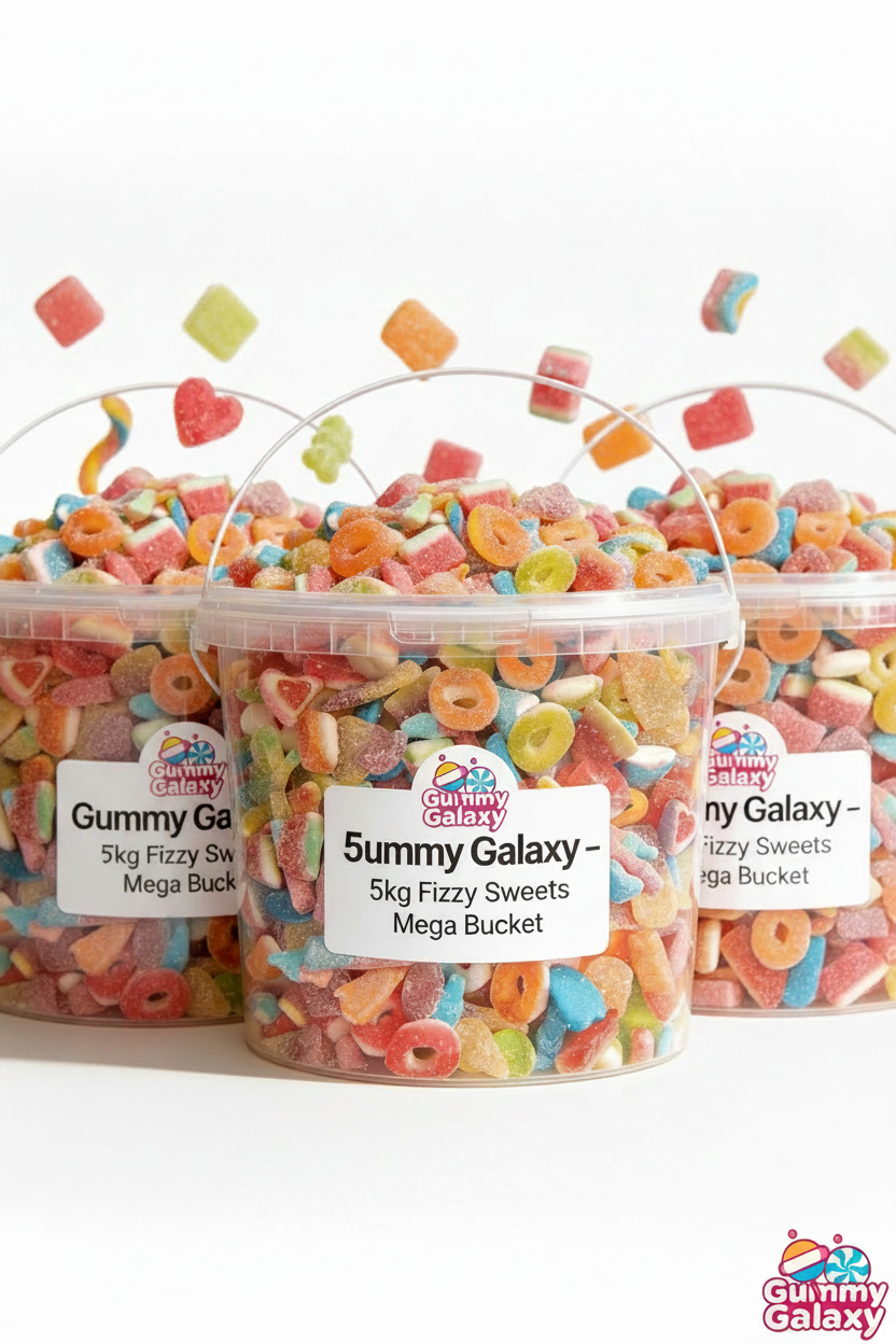 Gummy Galaxy 7 KG Mega Fizzy Sweets Bucket with colorful, fizzy gummy candies in a large transparent bucket.