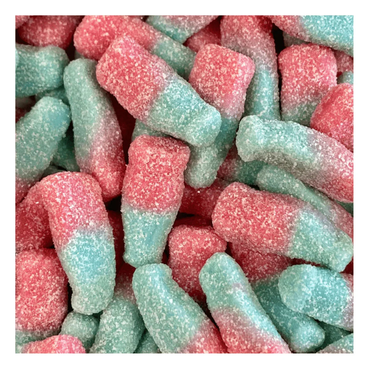 Blue and pink fizzy bubblegum bottles from Gummy Galaxy, colorful chewy fizzy sweets in a clear bag.