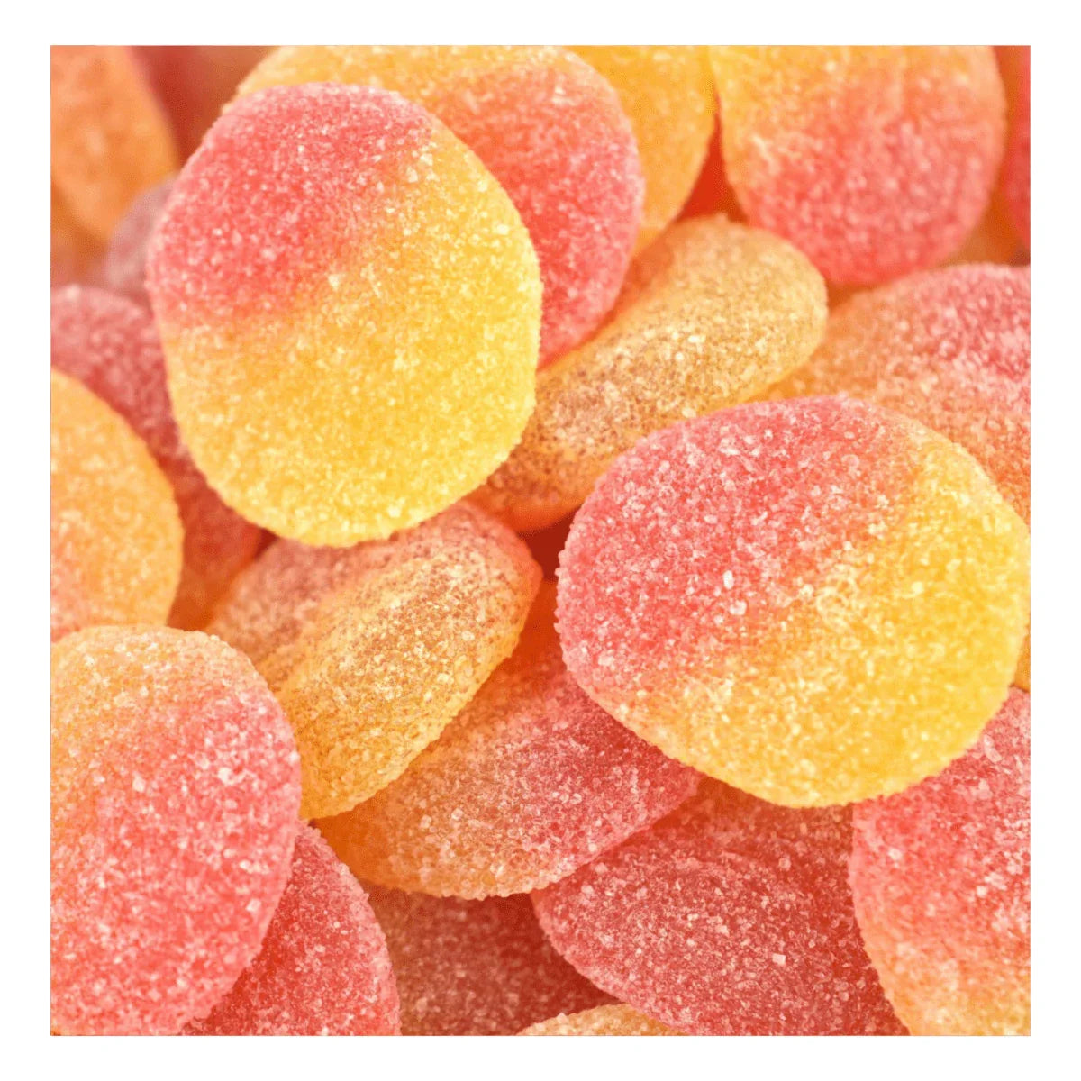 Gummy Galaxy Fizzy Peaches, colorful fizzy peach-shaped gummy sweets in a clear bag.