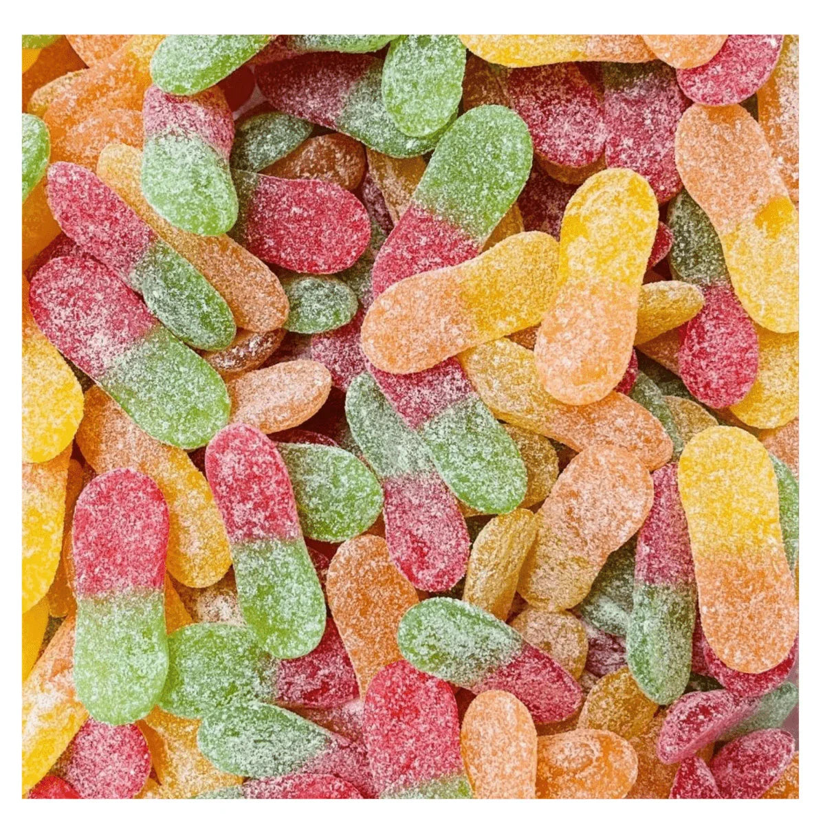 Gummy Galaxy Fizzy Tongues, colorful fizzy sweets in red, yellow, and green, with a textured, chewy appearance.