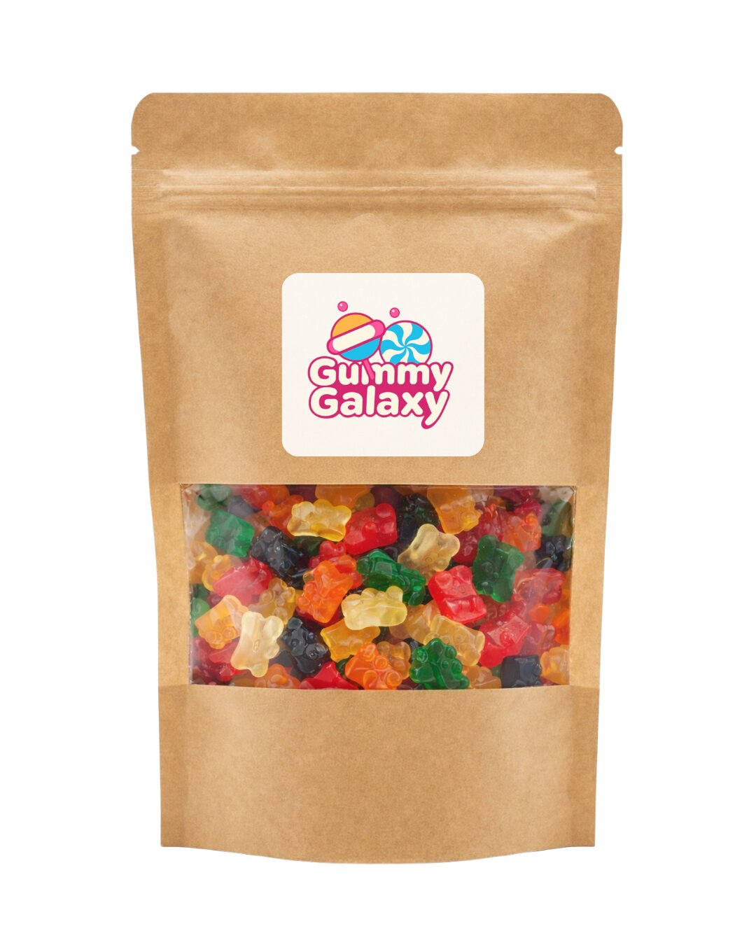 Colorful Gummy Galaxy Gummy Bears in a clear bag, vibrant chewy candies in various fruit flavors, 100 grams.