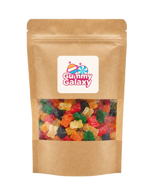 Colorful Gummy Galaxy Gummy Bears in a clear bag, vibrant chewy candies in various fruit flavors, 100 grams.
