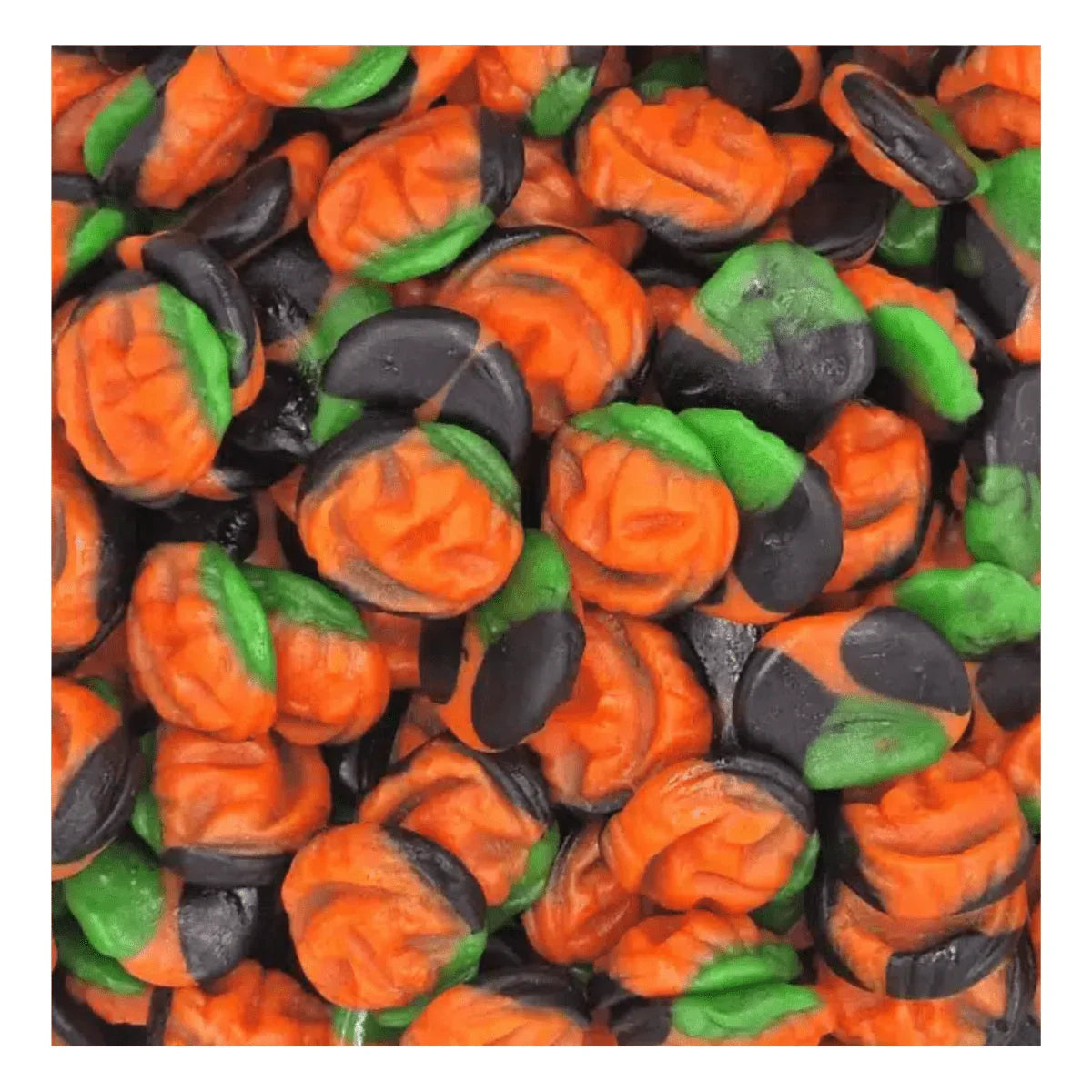 Assorted gummy pumpkins from Gummy Galaxy in a clear container, colorful jelly sweets with orange and green pumpkin shapes.