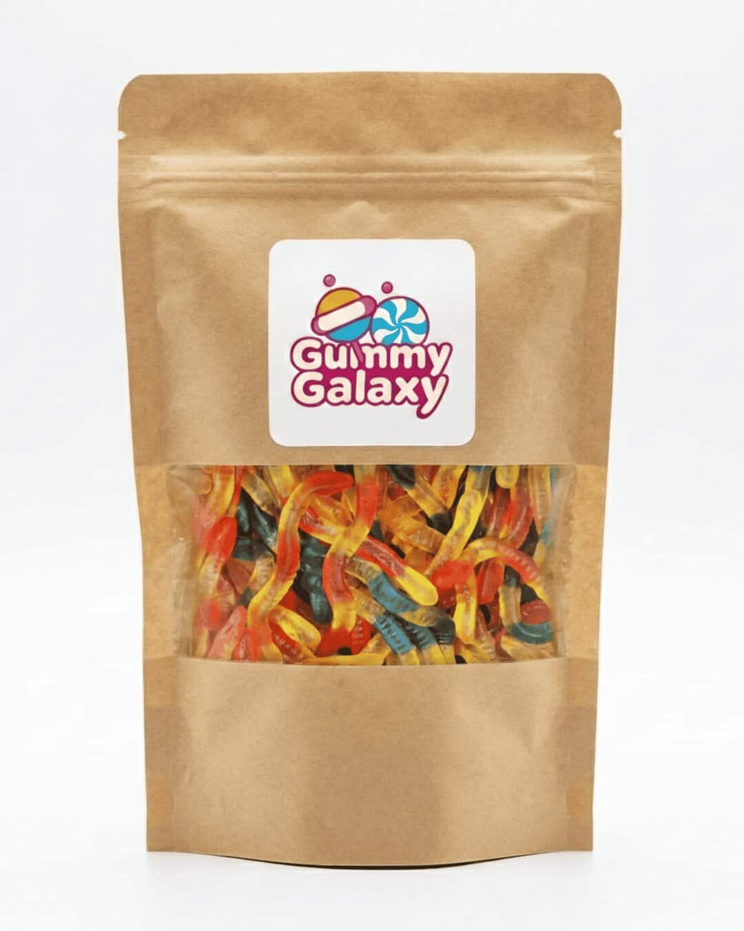 Colorful Gummy Galaxy Jelly Snakes in a clear bag, chewy jelly sweets with vibrant rainbow colors and snake shapes.