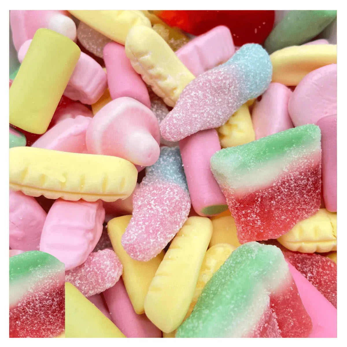 Gummy Galaxy Mixed Pick n Mix Bag with retro British sweets, assorted colorful gummy candies in a 100-gram bag.