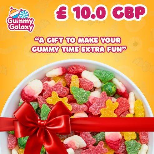Gummy Galaxy £10 gift card featuring colorful galaxy-themed design and branding, ideal for gifting or use in Gummy Galaxy stores.
