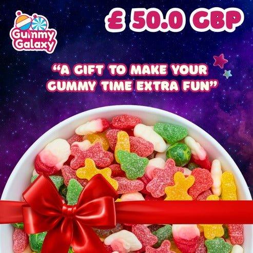 Gummy Galaxy £50 gift card featuring colorful galaxy-themed design, perfect for gifting or online shopping at Gummy Galaxy.