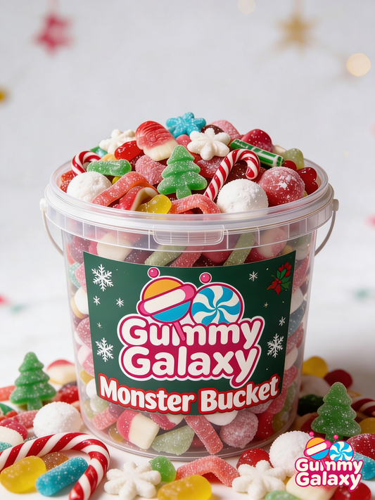 Gummy Galaxy Christmas Mystery Bucket with 5 kg of assorted holiday-themed gummy candies in a festive bucket.