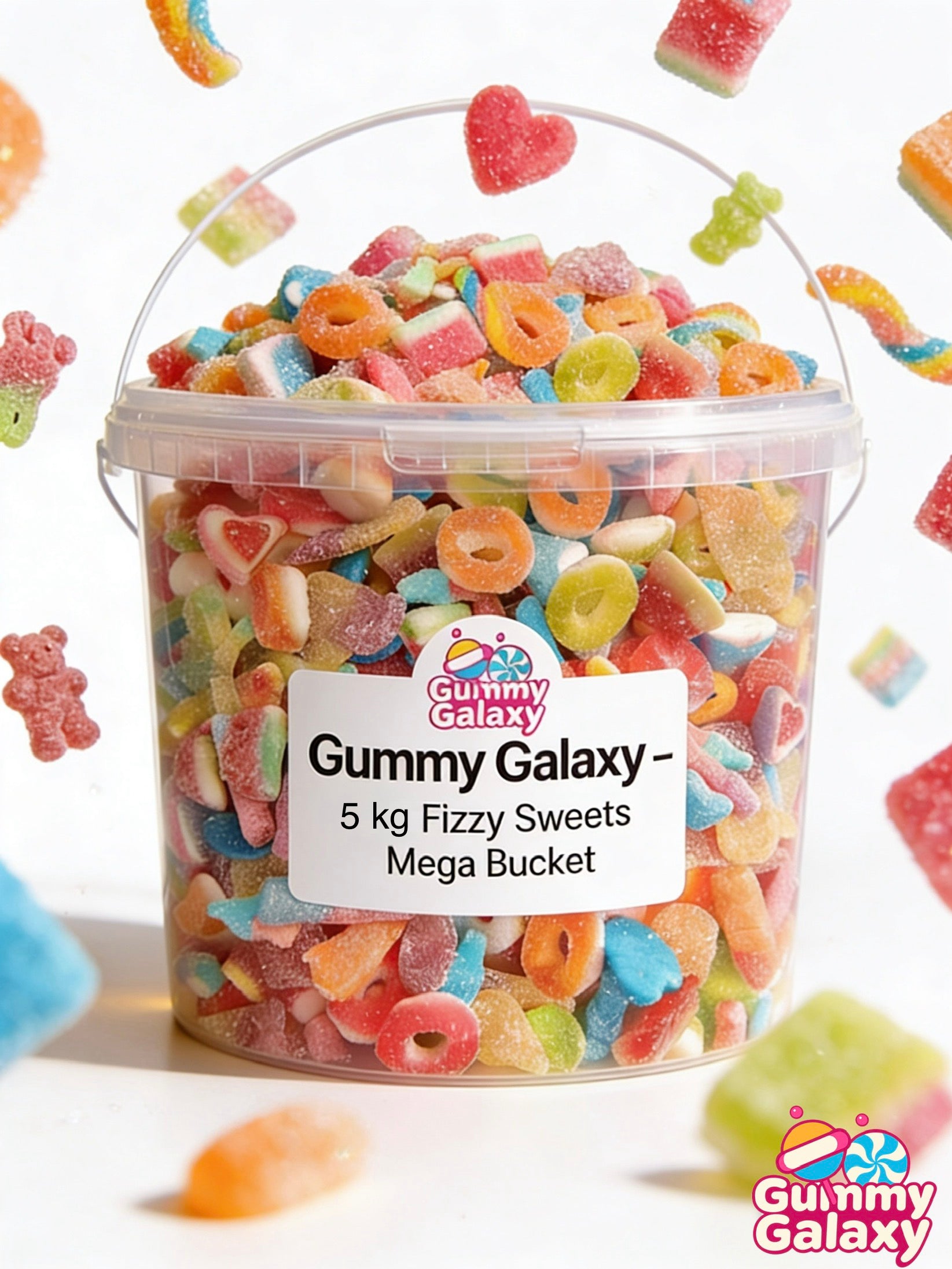 Gummy Galaxy 5 kg Mega Fizzy Sweets Bucket with colorful, assorted fizzy gummy candies in a large container.