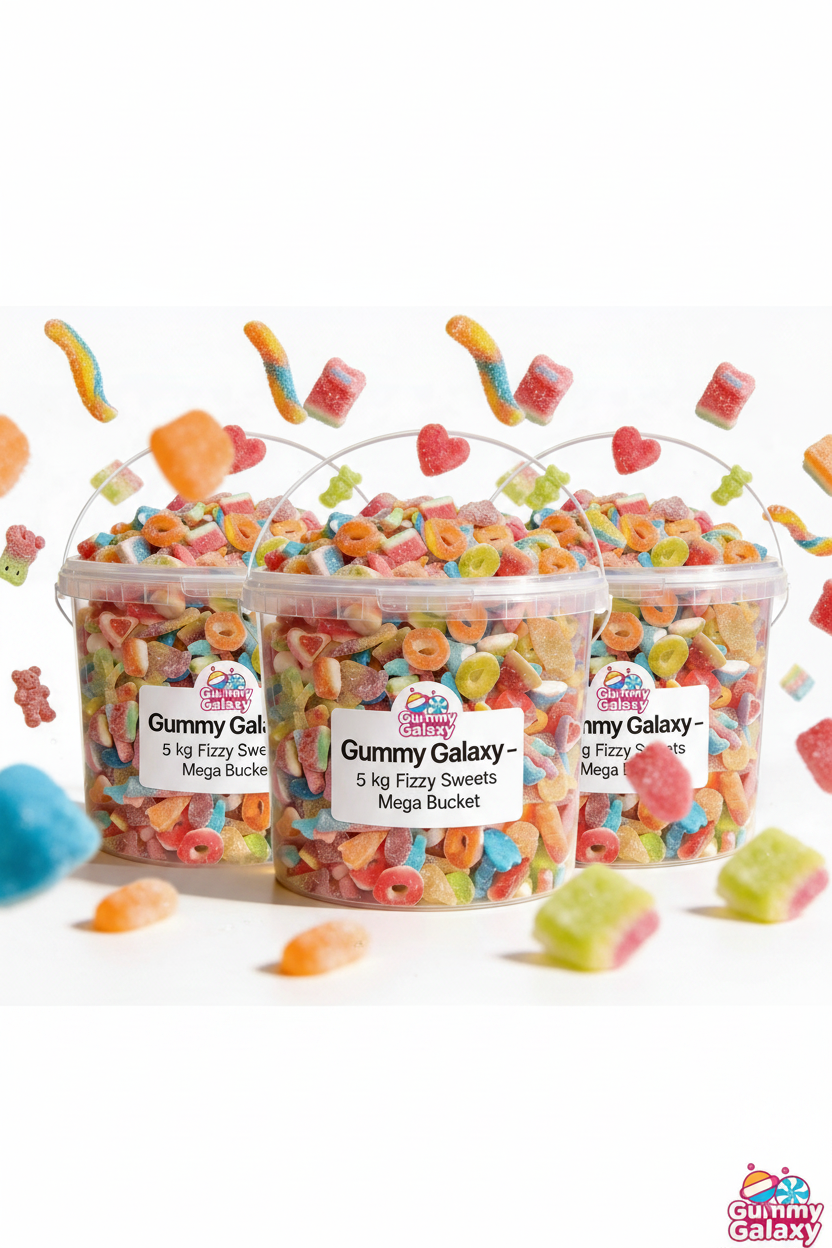 Assorted Gummy Galaxy Mega Fizzy Sweets Bucket with colorful gummy candies in a large 5 kg container