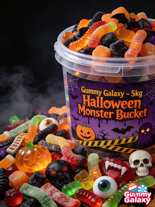 Gummy Galaxy Halloween Mystery Monster Bucket with 5 kg of colorful jelly sweets and spooky monster design for trick-or-treating