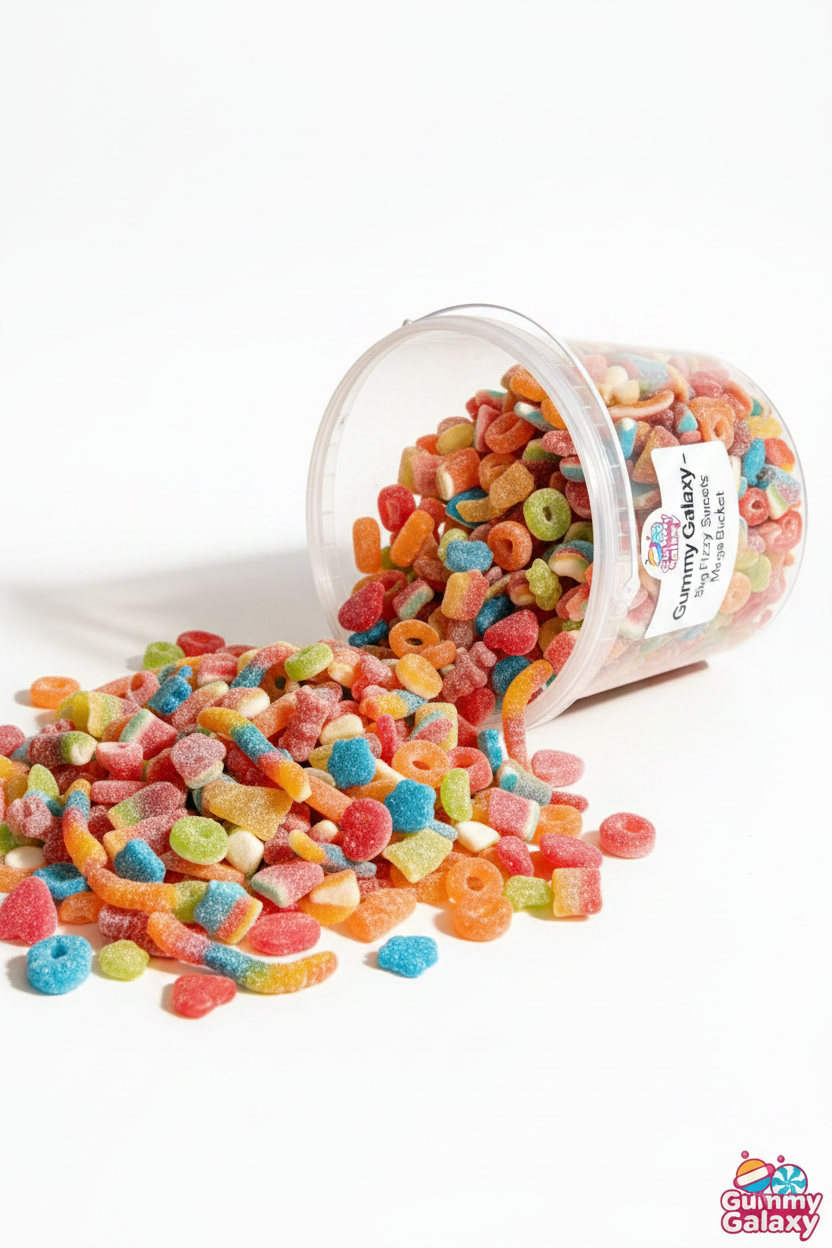 Gummy Galaxy 5 KG Mega Fizzy Sweets Bucket with colorful assorted fizzy gummy candies in a large container.