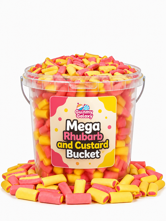 Gummy Galaxy 5 KG Mega Rhubarb and Custard Pick & Mix bucket with colorful gummy candies in a large container.