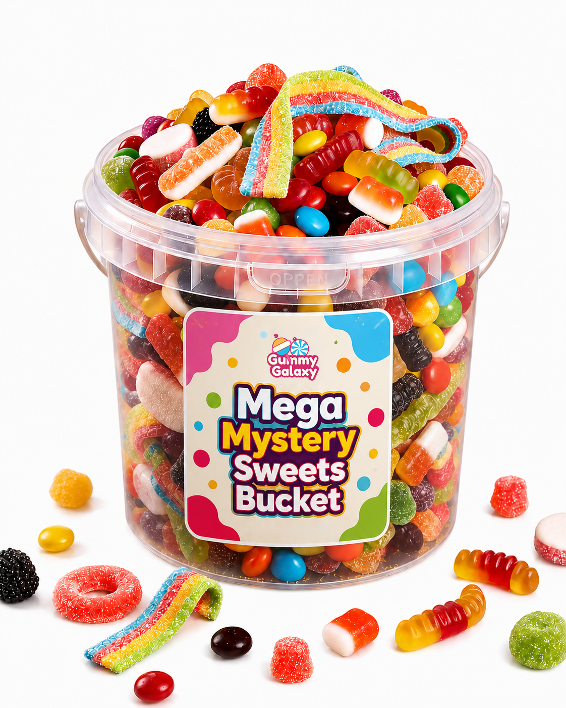 Gummy Galaxy Mega Gummy Galaxy Mystery Bucket, 5 kg of colorful gummy candies in a large, festive bucket.