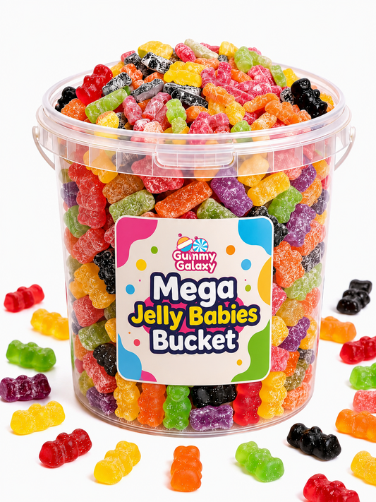 Assorted Gummy Galaxy Mega Jelly Babies bucket with colorful jelly sweets in a 5 kg bucket.