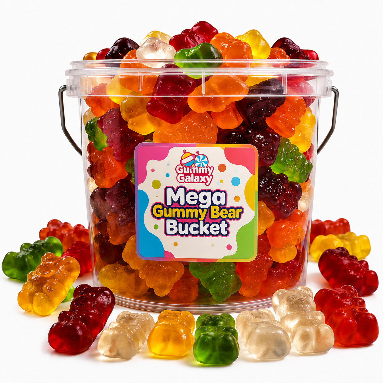 5 kg Mega Gummy Bear Bucket from Gummy Galaxy featuring colorful, large gummy bears in a clear plastic bucket.
