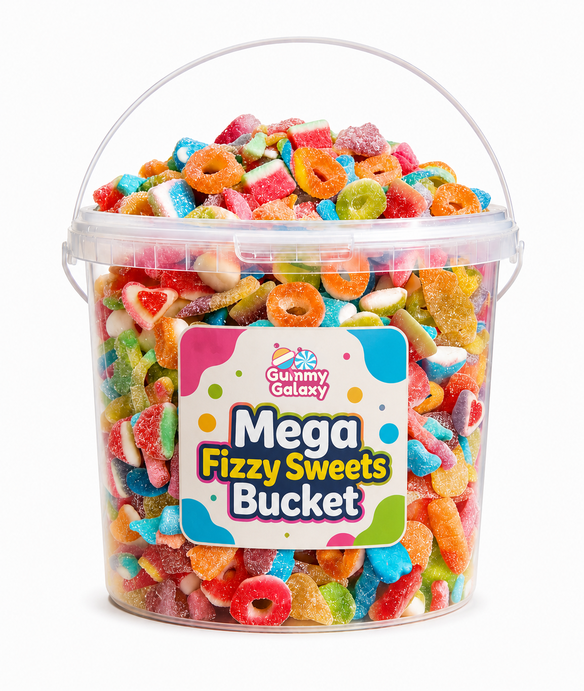 Gummy Galaxy 5 KG Mega Fizzy Sweets Bucket with colorful gummy candies and fizzy texture in a large, clear plastic container.