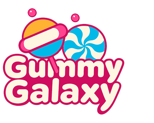 "Gummy Galaxy logo featuring colorful candy illustrations including a layered gummy, blue swirl candy, and pink lollipop above playful text"