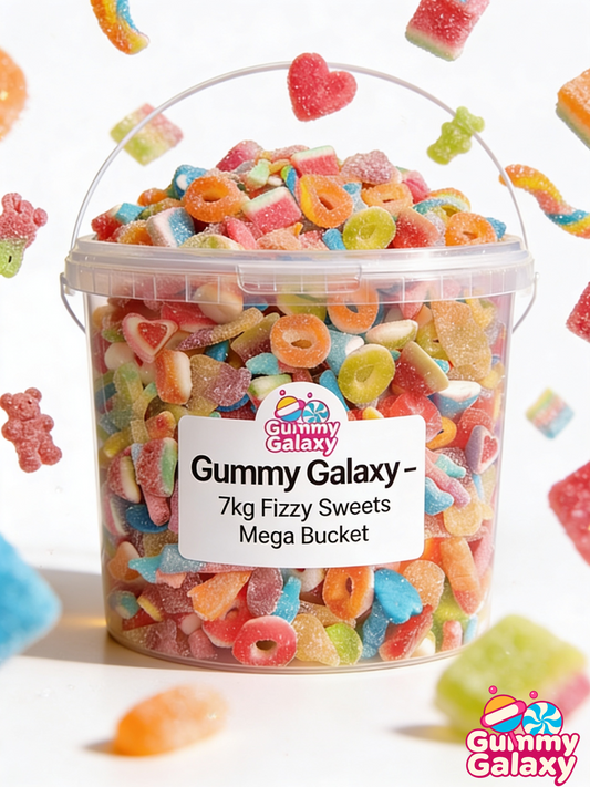 Gummy Galaxy 7 KG Mega Fizzy Sweets Bucket with colorful, fizzy gummy candies in a large transparent bucket.