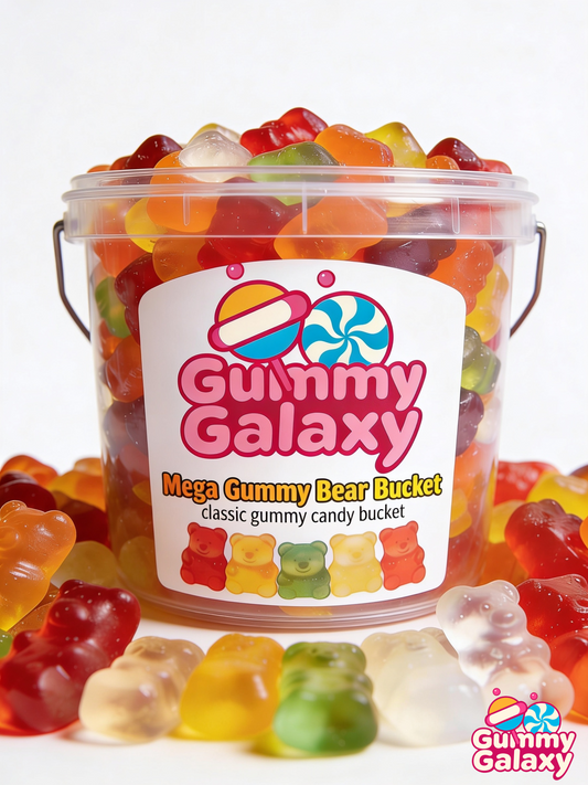 Gummy Galaxy 7 KG Mega Gummy Bear Bucket showing large colorful gummy bear candies in a clear bucket