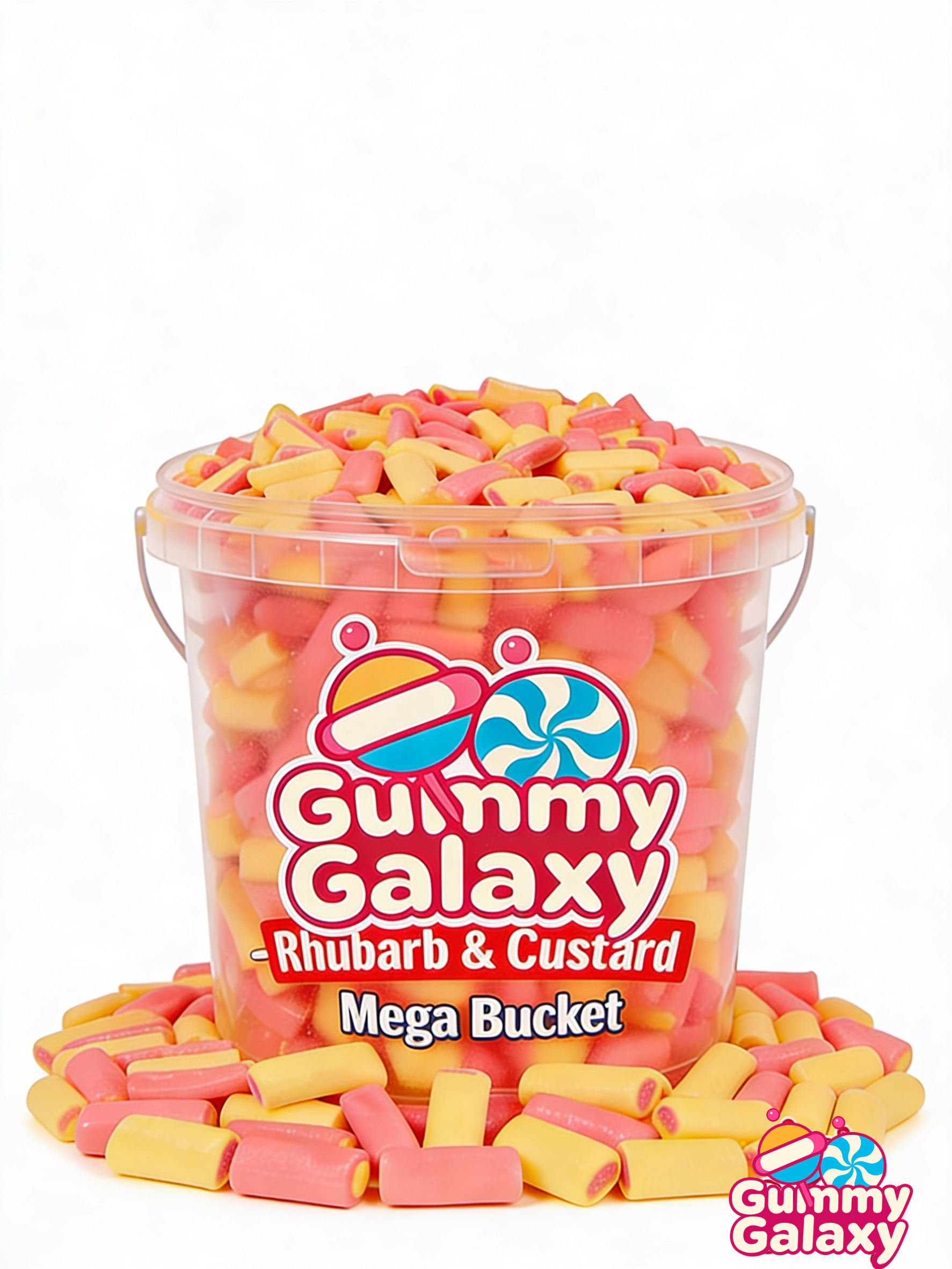 Gummy Galaxy 7 KG Mega Rhubarb and Custard Bucket with colorful gummy candies in a large container.