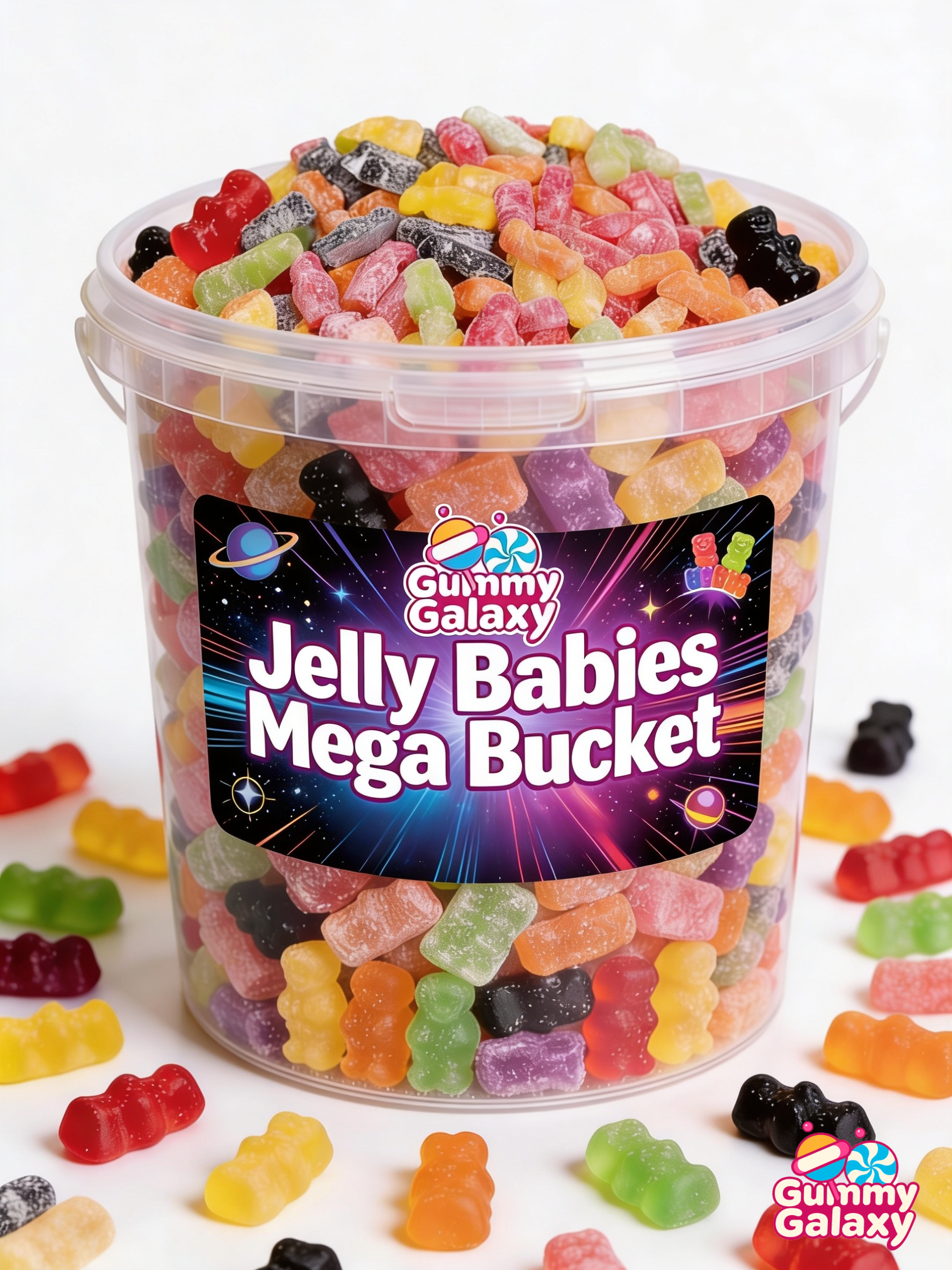 Gummy Galaxy 7 kg Mega Jelly Babies bucket with colorful gummy candies and vibrant label featuring jelly baby illustrations
