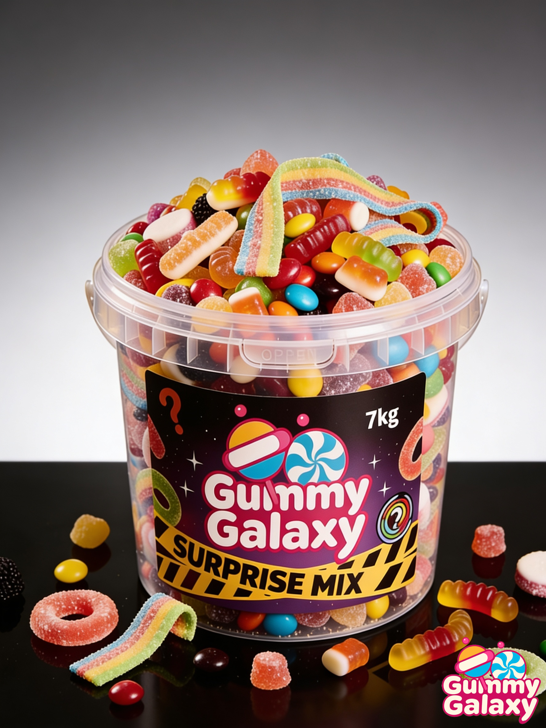 7 kg Gummy Galaxy Mystery Bucket featuring colorful, star-shaped and galaxy-themed gummy candies in a large, fun candy bucket.