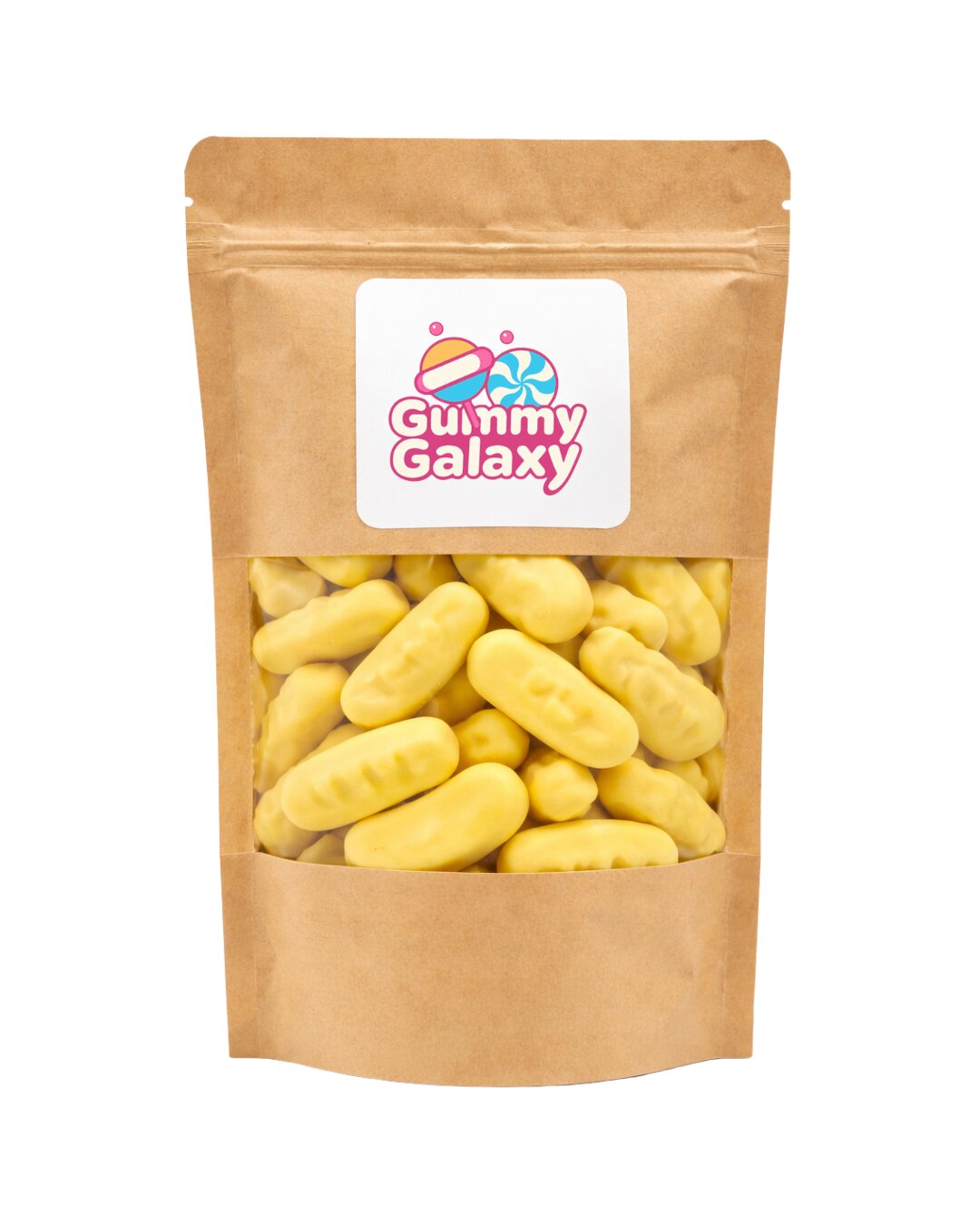 Bright yellow foam bananas from Gummy Galaxy mini foam sweets, showing soft, squishy texture and realistic banana shape.