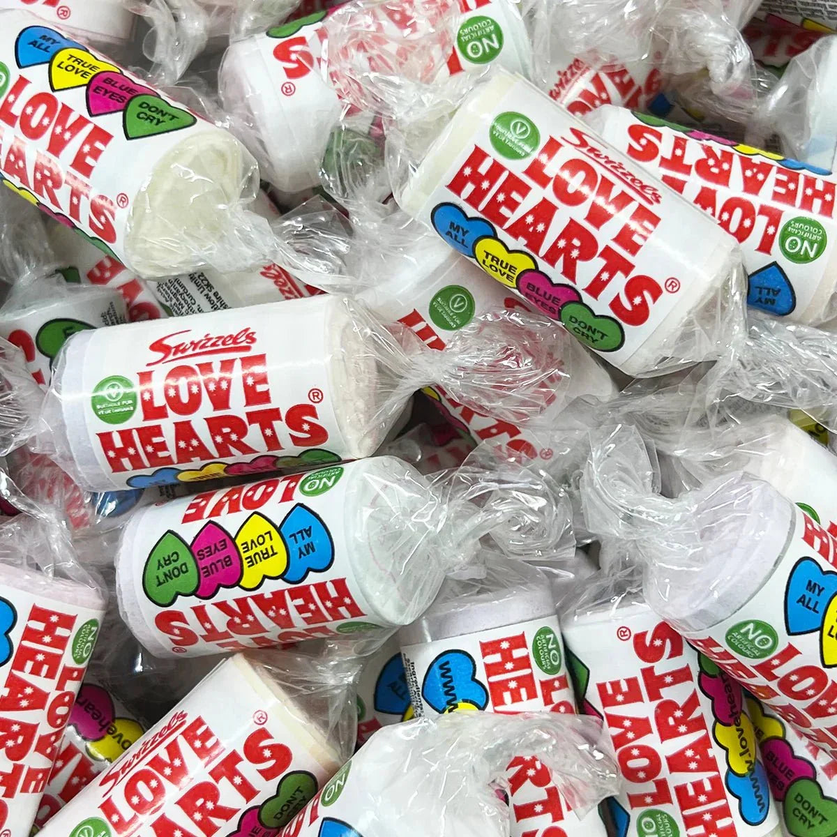 Gummy Galaxy Swizzles Mini Love Heart Rolls in colorful, sweet heart shapes, perfect for candy lovers and snacking.