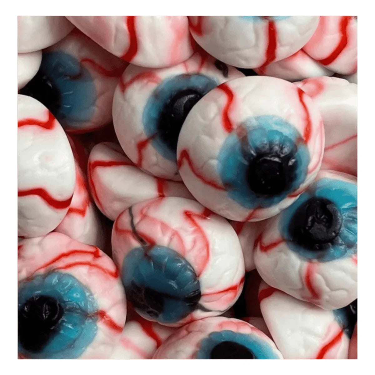 Gummy Galaxy Bloody Eyes jelly sweets in a clear bag, colorful eyeball-shaped candies with red and green accents.