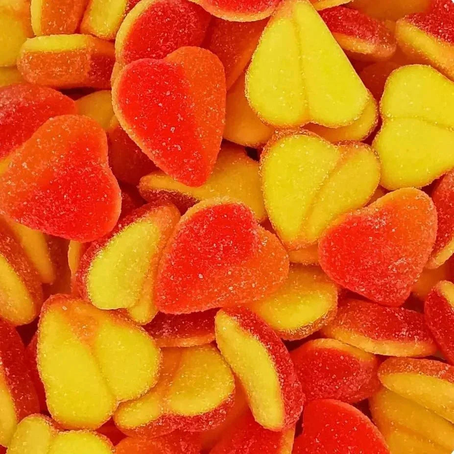 Gummy Galaxy Fizzy Peach Hearts Valentine Sweets in a clear bag, colorful peach-shaped gummy candies with a fizzy coating.