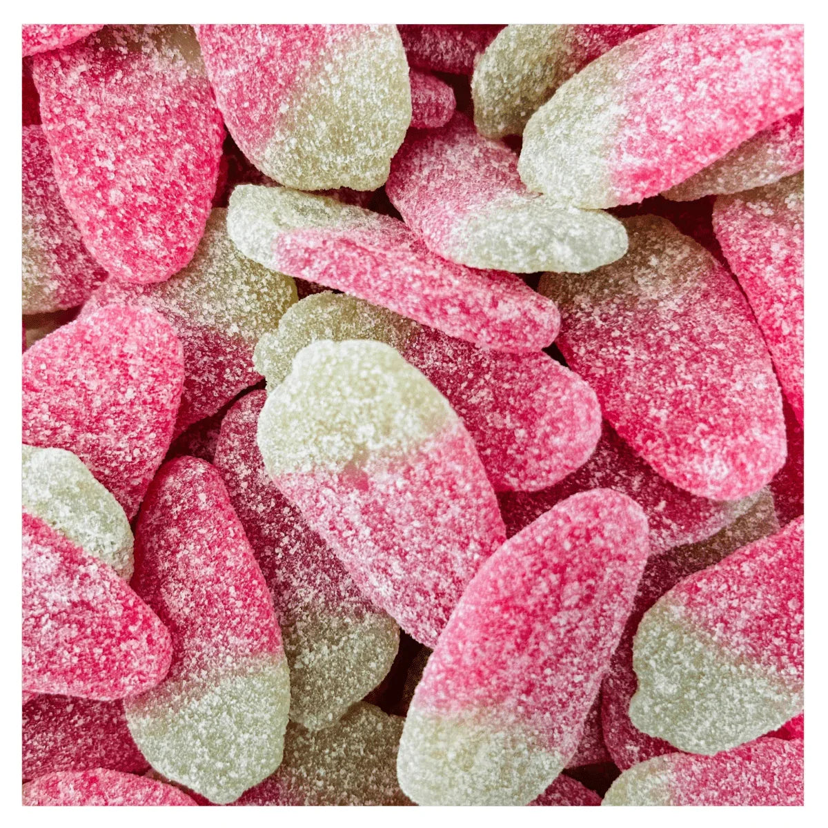 Gummy Galaxy giant fizzy strawberries in a clear bag, colorful, chewy gummy candies with a fizzy coating, perfect for snacking.