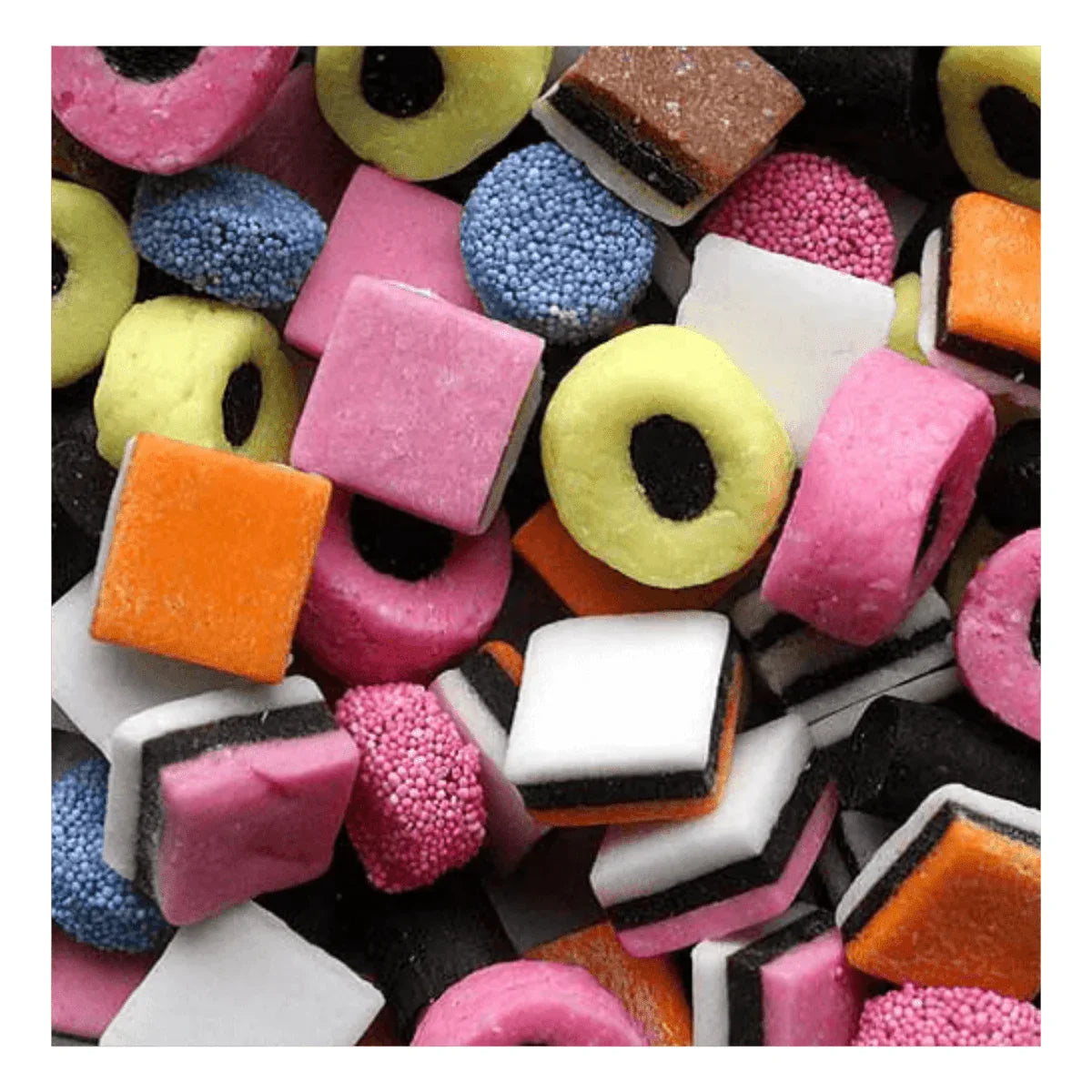 Assorted Gummy Galaxy Liquorice Allsorts in colorful shapes and textures, showcasing a variety of licorice candies.