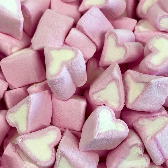 Pink and white mini love heart marshmallows from Gummy Galaxy, soft, chewy candies in heart shapes, ideal for snacks and desserts.