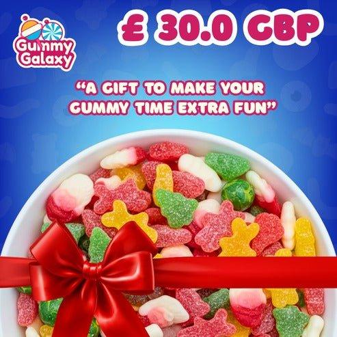 Gummy Galaxy £30 gift card featuring colorful galaxy-themed design, perfect for gifting Gummy Galaxy products.