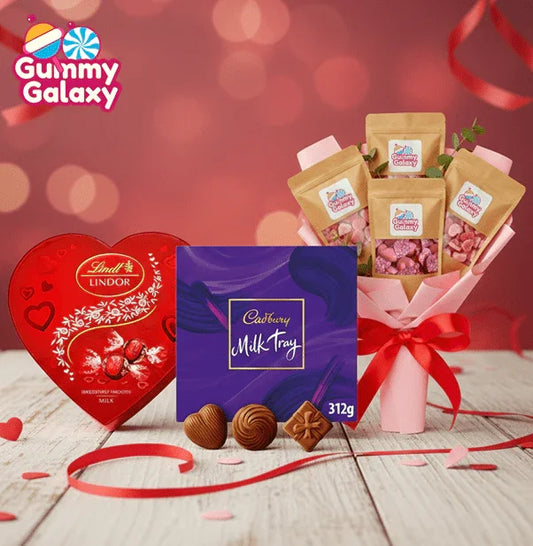 Gummy Galaxy Valentine’s Combo Gift featuring assorted sweets and chocolates surrounding a loved one for a romantic gift.