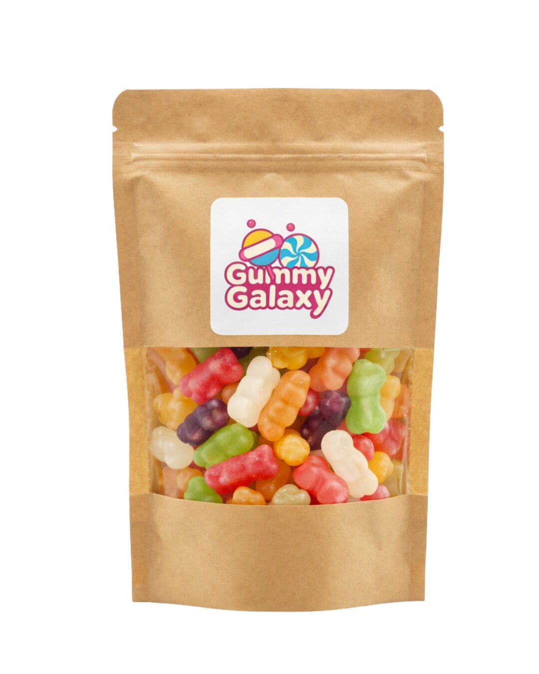 Colorful Gummy Galaxy Jelly Babies, soft chewy candies in various fruit flavors, arranged in a playful display.